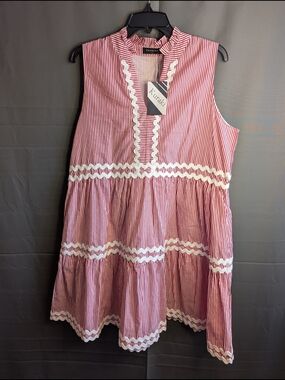 Red And White Striped Sleeveless Tiered Midi Dress